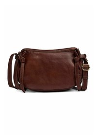 Borsa a tracolla in pelle marrone con forma arrotondata, chiusura superiore con zip, tracolla regolabile e dettagli annodati sui lati.