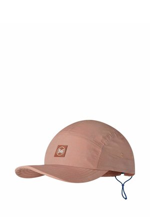 Helle rosa Kappe mit runder Krone, flachem Schirm und Logopatch. Hergestellt aus leichtem Material mit einem Kinnriemen für einen sicheren Sitz.