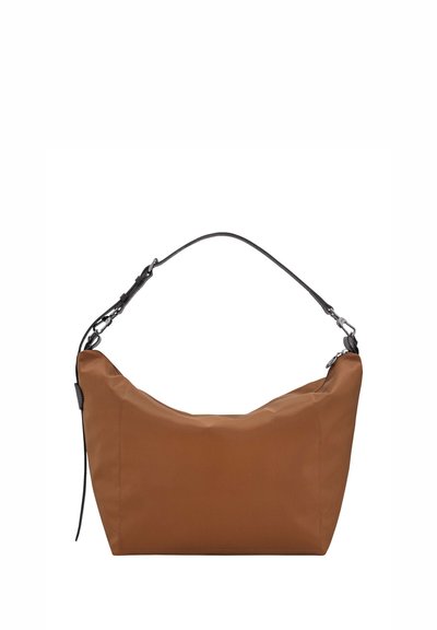 Brown nylon shoulder bag with a curved shape, featuring a black leather strap and silver hardware. Smooth texture, minimalistic design.