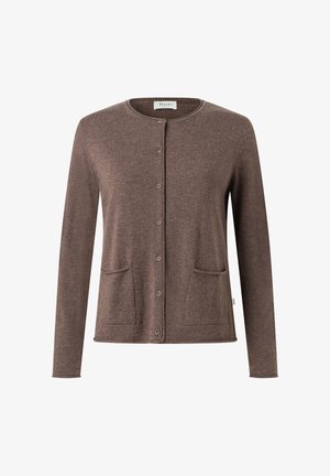 Brown cardigan with a round neckline, front buttons, two pockets, and long sleeves, made of a soft, textured fabric.