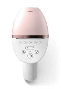 Dispositivo portatile con una parte superiore lucida rosa e una base bianca, dotato di cinque pulsanti di controllo e di un simbolo di accensione; forma liscia e arrotondata.