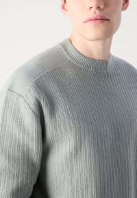Hellgrüner Strickpullover mit gerippter Textur, Rundhalsausschnitt und glatten Schulterakzenten. Nahaufnahme des Oberkörpers.