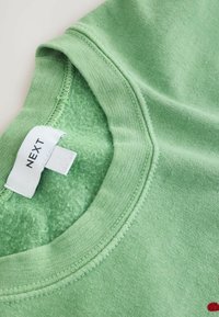 Grøn sweatshirt med rund halsudskæring, blød tekstur og et lille "NEXT" mærke. Inkluderer røde blomsterbroderidetaljer på forsiden.