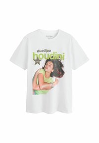 Hvid bomulds T-shirt med et grafisk tryk af en figur i en grøn top med sort og grøn tekst, der siger "dua lipa houdini."