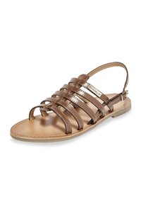 Bruine leren sandaal met een kruisgespannen ontwerp. Beschikt over een vlakke zool en een verstelbare enkelband. Lichtgewicht en met open tenen.