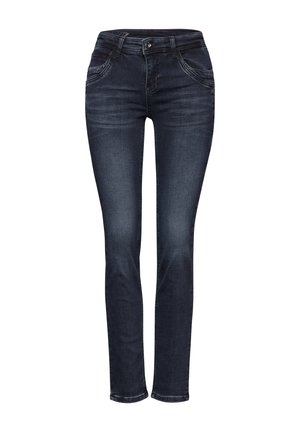 Jeans in denim blu scuro con design a gamba dritta, dotati di tasche frontali e chiusura con zip. Tessuto liscio con una minima scoloritura.