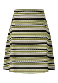 Jupe tricotée au design évasé, avec de larges rayures horizontales en vert, noir, blanc et beige, et une finition en tissu texturé.