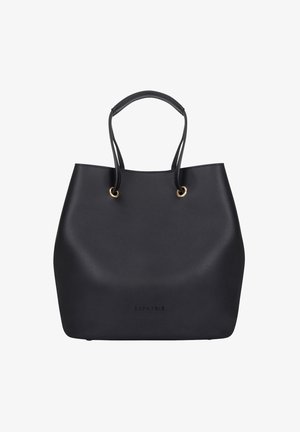 Sac cabas en cuir noir avec deux poignées passant à travers des œillets en métal doré, présentant un marquage discret "EXPATRIÉ" près du bas au centre.