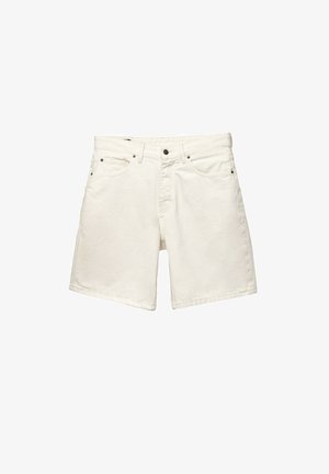 Hvide denim shorts med en afslappet pasform, fem lommer, knaplukning og kontrastsyning. Stof har et glat, ustruktureret udseende.