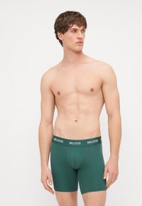 Boxeri scurți din bumbac verde, cu un design ajustat și un elastic negru pe care se află logo-ul "HOLLISTER" în alb. Textura netedă.