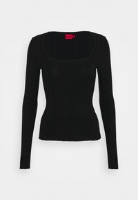 Schwarzes, langärmliges, geripptes Oberteil mit quadratischem Ausschnitt und offenen Daumenlöchern. Aus elastischem Material gefertigt, mit figurbetonter Silhouette. Rotes Etikett am Ausschnitt.