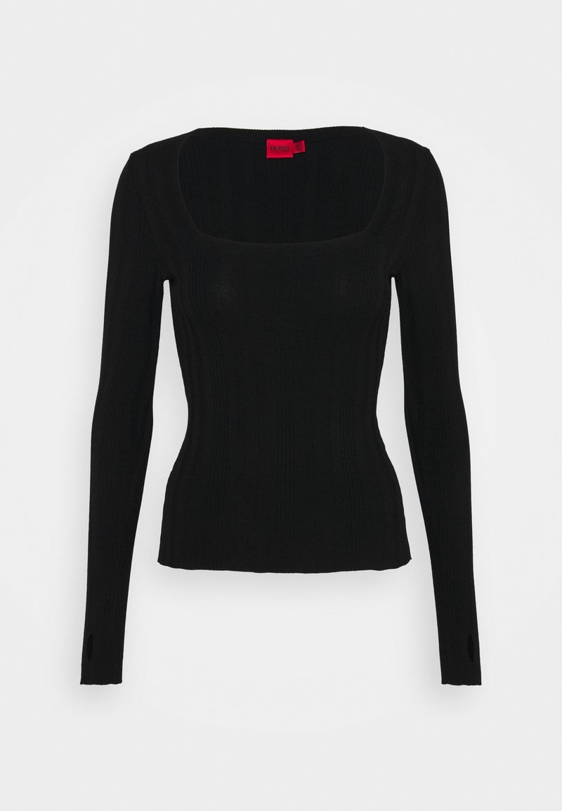 Schwarzes, langärmliges, geripptes Oberteil mit quadratischem Ausschnitt und offenen Daumenlöchern. Aus elastischem Material gefertigt, mit figurbetonter Silhouette. Rotes Etikett am Ausschnitt.