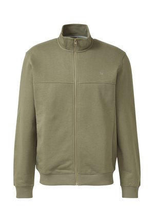 Kurtka na zamek w oliwkowej zieleni z prążkowanymi mankietami i dołem, wysokim kołnierzem oraz subtelnym logo na lewej piersi.