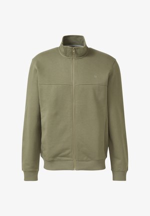 Olivgrüne Zip-up-Jacke mit gerippten Bündchen und Saum, hohem Kragen und dezentem Logo auf der linken Brust.