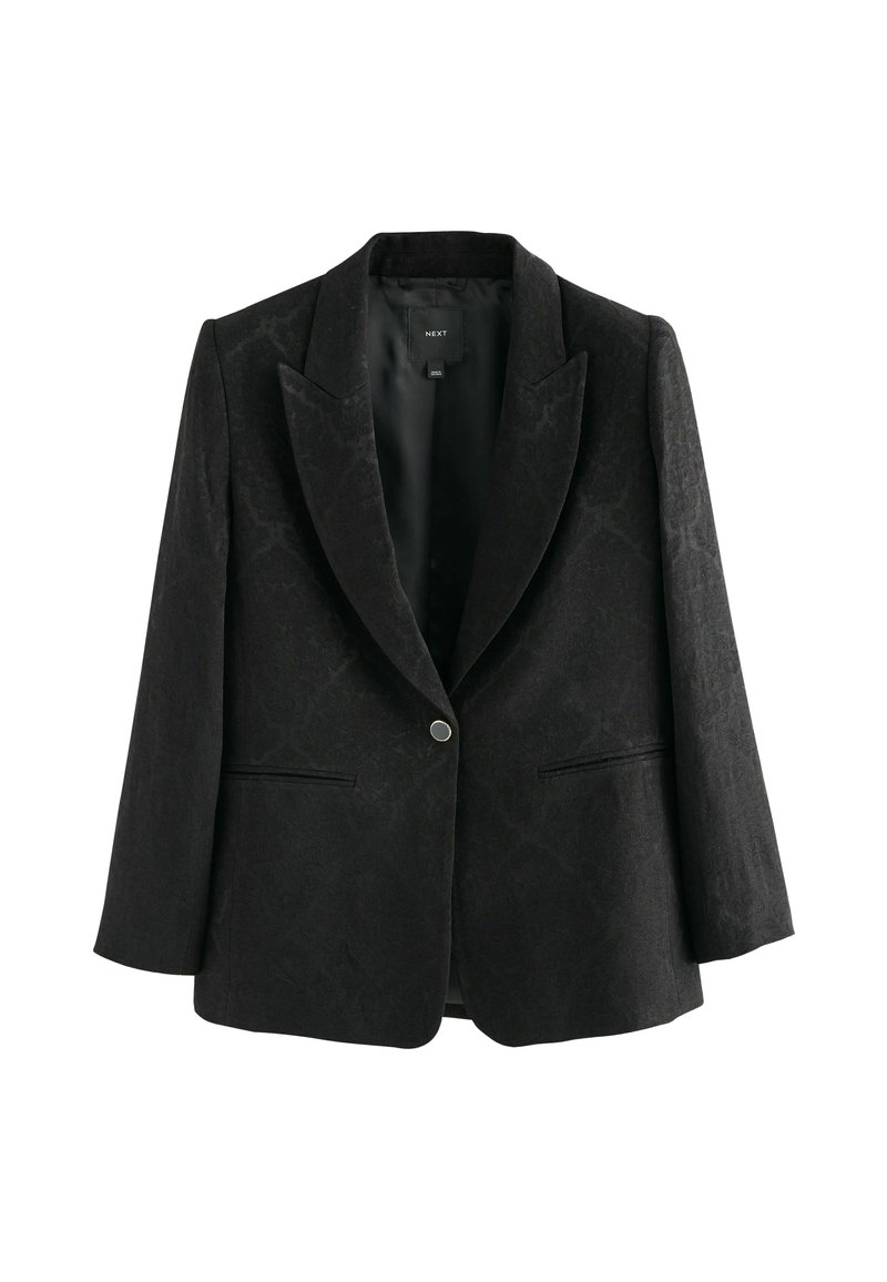 Blazer nero con motivo testurizzato, chiusura a un bottone, rever a scollo, e due tasche frontali. Vestibilità classica con maniche lunghe.