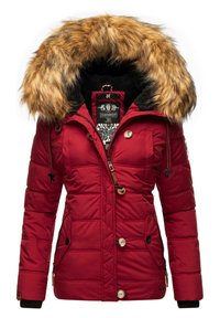 Red puffy jacket with a fur-lined hood, black interior, zip and button closure, featuring side pockets and ribbed cuffs.
