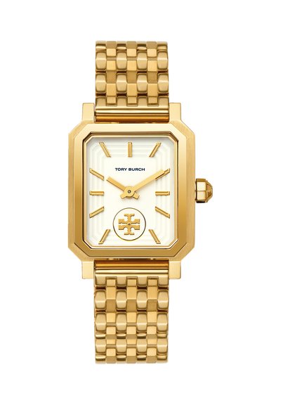 Orologio da polso Tory Burch tono oro con quadrante rettangolare, indici dorati, logo alle 6 e cinturino metallico a catena abbinato.