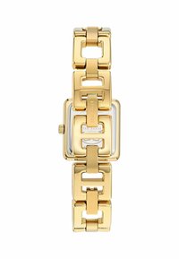 Gold rectangular watch featuring a link bracelet with square-shaped segments. Transparent face with minimal markings. Polished finish throughout.