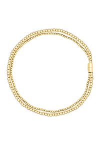 Dobbeltstrenget guldperlekæde med større og mindre runde perler og en magnetisk lås graveret med "BREIL" på hvid baggrund.