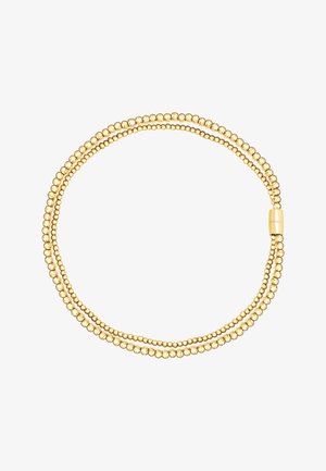 Collar de cuentas de oro de doble hebra con cuentas redondas más grandes y más pequeñas, y un cierre magnético grabado con "BREIL" sobre fondo blanco.