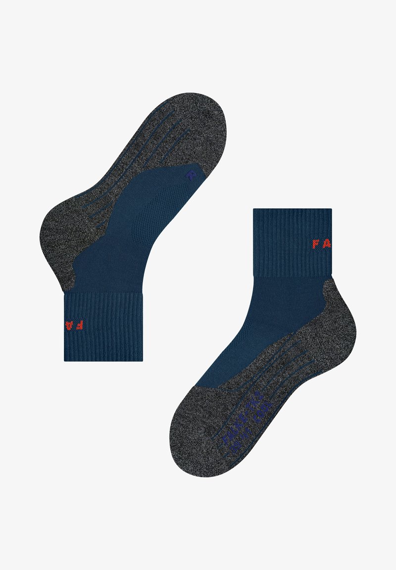 Granatowe skarpetki z prążkowanym ściągaczem, szarym obcasem i palcami. Posiadają teksturowane wzory oraz małe kolorowe literki po bokach.
