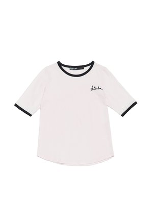 Short-sleeve pink t-shirt with a black ribbed neckline and cuffs, featuring a small embroidered logo on the left chest side. Soft texture.