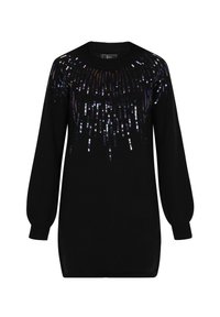 Schwarzer Pullover mit langen Puffärmeln und rundem Ausschnitt. Die Vorderseite ist mit mehrfarbigen Pailletten verziert, die in einem kaskadierenden Muster angeordnet sind.
