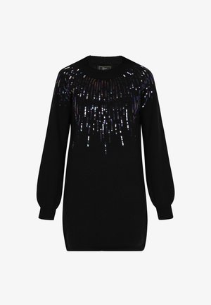 Black sweater with long puff sleeves and a round neckline. Front embellished with multicolored sequins arranged in a cascading pattern.
