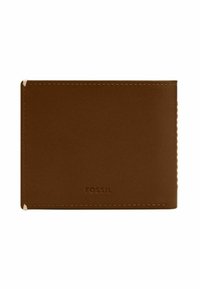 Braune Lederbrieftasche mit glatter Textur, minimalistischem Design, genähten Kanten und dem Markenlogo "FOSSIL", das auf der Vorderseite eingeprägt ist.