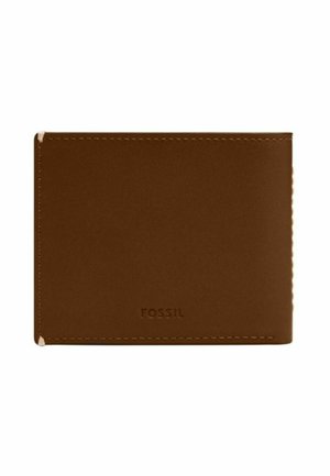 Portefeuille en cuir brun avec une texture lisse, un design minimaliste, des bords cousus et le logo de la marque "FOSSIL" embossé sur le devant.