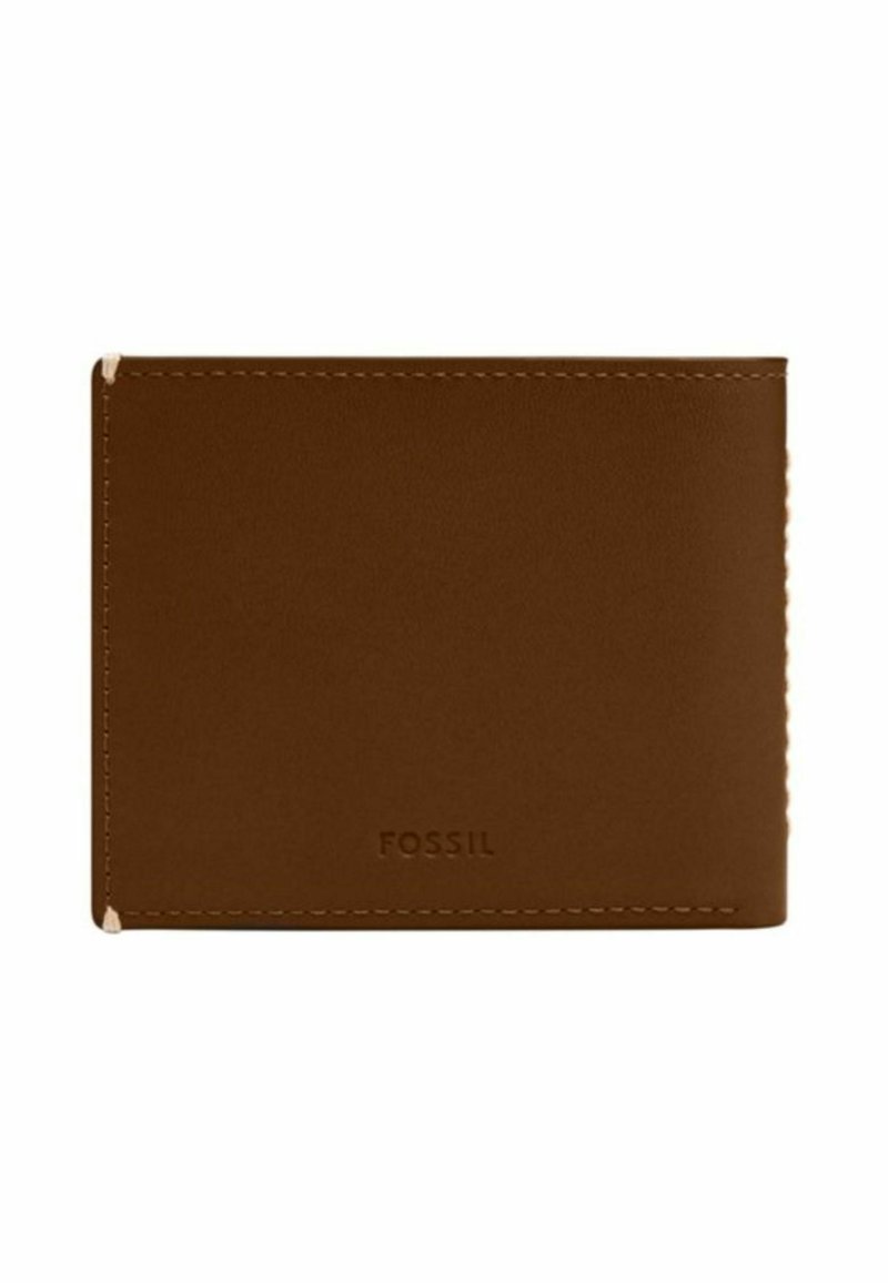 Braune Lederbrieftasche mit glatter Textur, minimalistischem Design, genähten Kanten und dem Markenlogo "FOSSIL", das auf der Vorderseite eingeprägt ist.