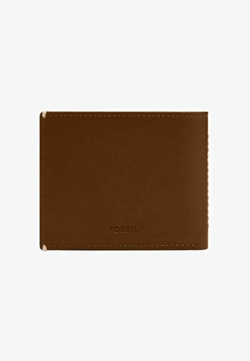 Braune Lederbrieftasche mit glatter Textur, minimalistischem Design, genähten Kanten und dem Markenlogo "FOSSIL", das auf der Vorderseite eingeprägt ist.