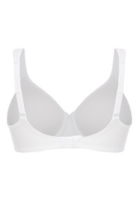 Sospensorio wireless bianco con spalline regolabili, tessuto morbido al tatto e chiusura a gancio e asola sul retro. Design semplice e senza cuciture.