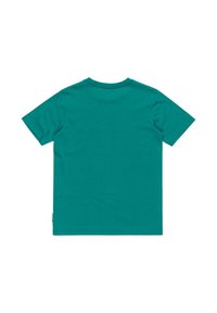 Tričko s krátkym rukávom v teal bavlne, s okrúhlym výstrihom a rovný lem. Štítok umiestnený na dolnej ľavej strane. Hladká textura.