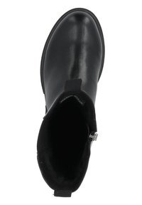 Stivaletto in pelle nera con finitura liscia, pannello laterale elastico e interni texturizzati. Chiusura con cerniera laterale per facilitare indossarlo.