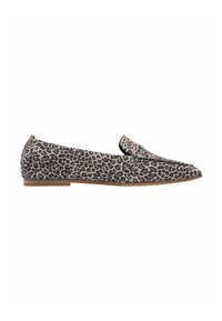 Leopard print loafers with a flat sole, soft fabric, distinct pattern in shades of beige and black, featuring a rounded toe and minimal hardware.