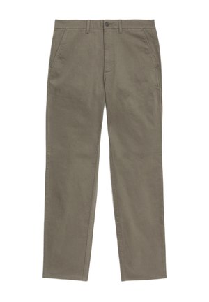 Chinos de color verde oliva claro hechos de algodón, con un diseño de pierna recta, dos bolsillos laterales, cierre de botón y una textura suave.