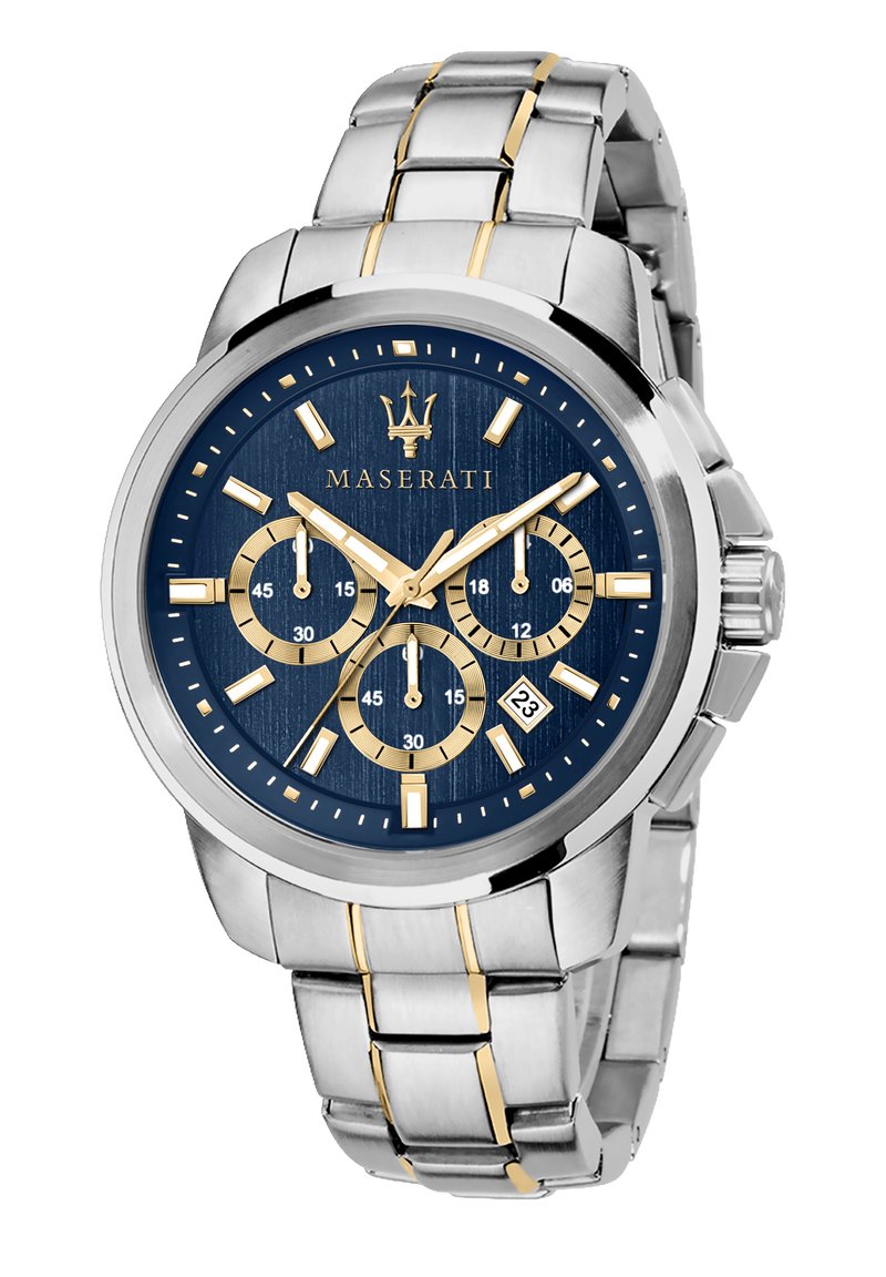 Orologio Maserati con bracciale in acciaio inossidabile, quadrante blu texture, dettagli in oro, funzioni cronografo e display della data alle 4.