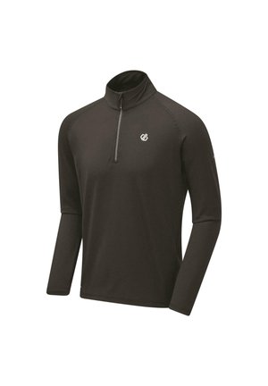 Haut de sport noir pour homme à manches longues avec zip quart et petit logo blanc sur la poitrine, présenté sur fond blanc uni.