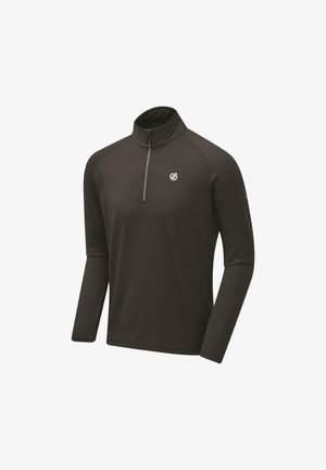 Top deportivo de hombre negro con mangas largas, cremallera hasta el cuarto y pequeño logotipo blanco en el pecho, mostrado sobre un fondo blanco liso.