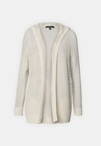 Krémový otevřený pletený svetr s kapucí, se strukturovanými vzory, dlouhými rukávy a vroubkovanými detaily na okrajích.