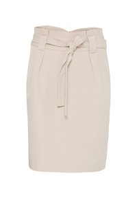 Beige kjol gjord av mjukt tyg, med hög midja, bälteshällor, en knuten rosettdetalj och två sidofickor.