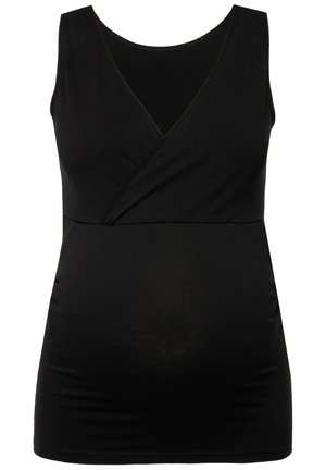 Zwarte zwangerschapsblouse met een getailleerd ontwerp, v-hals en opgehaalde zijkanten. Gemaakt van zachte, rekbare stof voor comfort tijdens de zwangerschap.