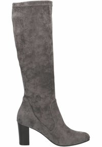 Botte haute jusqu'au genou en daim gris avec talon bloc et bout arrondi, vue de profil sur fond blanc.