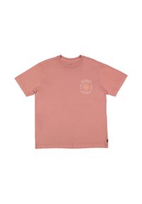 Pink cotton t-shirt with short sleeves, round neck, featuring a circular logo in white on the left chest and a small label at the hem.
