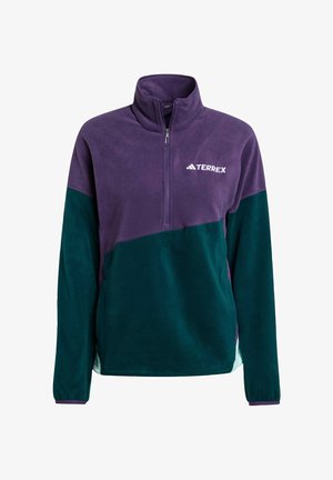 Purple and dark green zip-up fleece pullover featuring a high collar and a small white logo on the chest. Soft texture, sporty design.