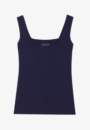 Marineblauw mouwloos topje van zachte stof met een vierkante halslijn, met strakke lijnen en zonder zichtbare patronen of versieringen.