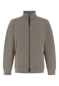 Veste taupe zippée avec col montant, manches longues et poches latérales zippées, présentée sur un fond blanc.