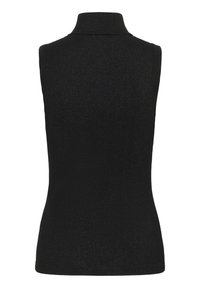 Schwarzes ärmelloses Rollkragenoberteil mit einem gerippten Muster, gefertigt aus einem dehnbaren Material. Dezente Schimmerakzente durch das gesamte Gewebe.