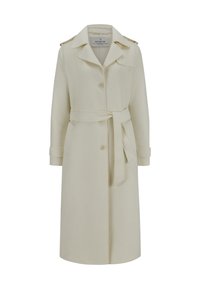 Cremfarbener Trenchcoat aus weichem Stoff, mit langen Ärmeln, einem Gürtel und Knopfverschlüssen. Mit Schulterklappen und geradem Schnitt.